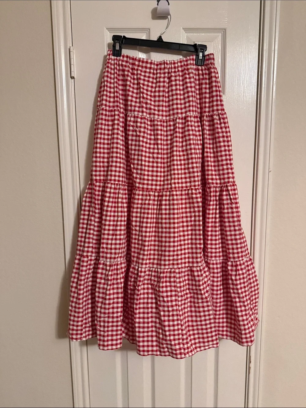 Red Gingham Tiered Midi Skirt